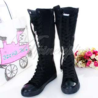 PUNK LACE UP HI TOP KNEE HIGH CANVAS SNEAKER BLACK BOOT  