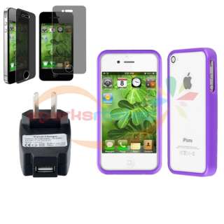 Purple Bumper Soft Case+Privacy Guard+AC Charger For iPhone 4S 4 4th 