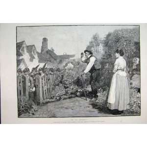   1889 Soldiers Village Scene Man Waving Antique Print
