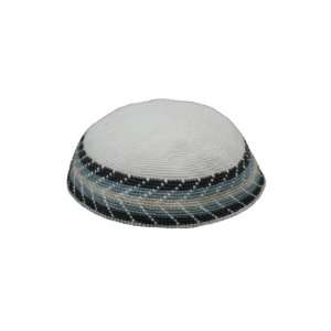   White Knitted Kippahs with Blue and Black Embroidery 