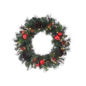 24 Terranea Pine Wreath w/Apples/Berries/Cones & 50 Clear Lights Green 