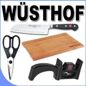 Wüsthof Classic 7 Inch Hollow Edge Santoku Knife w/Knife Sharpener 