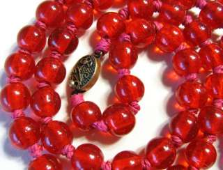 27 LONG VINTAGE ART DECO JEWELRY RED GLASS BEAD NECKLACE ORNATE 