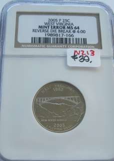   Virginia Quarter Dollar MINT ERROR NGC MS64 Reverse Die Break #n213