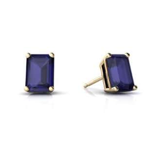   : 14K Yellow Gold Emerald cut Genuine Sapphire Stud Earrings: Jewelry