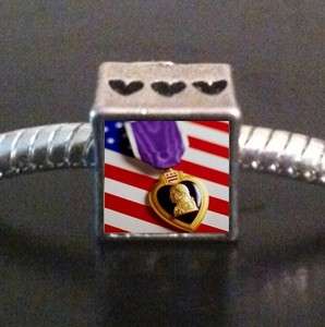 Purple Heart Military Medal of Honor Photo European Bead Cube Charm 