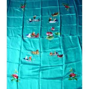 Chinese Silk Embroidery Bedspread Table Cover Bird Blue 