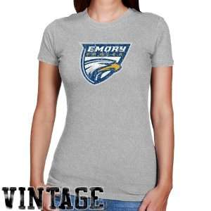 Emory Eagles Ladies Ash Distressed Logo Vintage Slim Fit T shirt