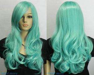 New Light Green Long Wavy women Cosplay Wig with free Hairnet #HN07 