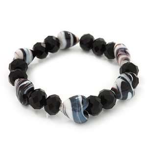   Black/White Heart & Faceted Bead Flex Bracelet   18cm Length: Jewelry