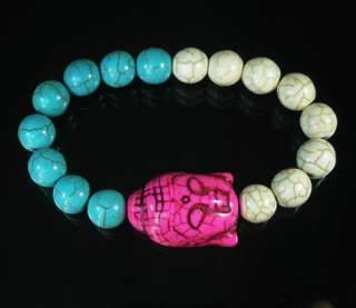   Turquoise Hot Pink Buddha Ball White Blue Bead Stretch Bracelet  