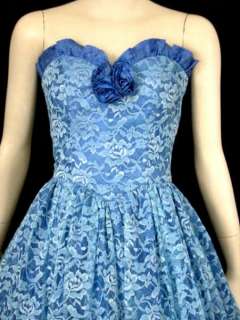 VTG Strapless Blue Lace Southern BELLE Party Ball Gown Dress S  