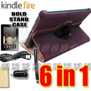 Purple  Kindle Fire Leather Case/Stylus/Car Charger/USB Cable 