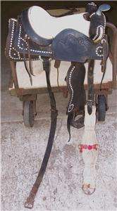 Vtg Black & White Horse Saddle Tapaderos Fancy Ornate Conchos Show 