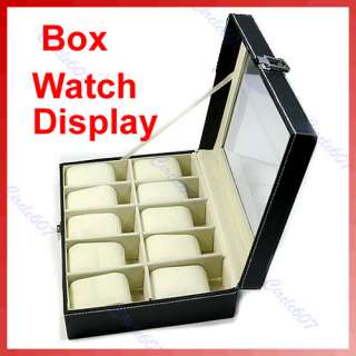 Leather 10 Grid Watch Display Case Box Jewelry Storage Organizer Black 
