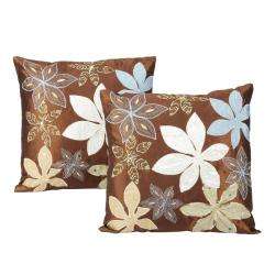 Brown/ Blue Embroidered and Appliqued Decorative Pillows (Set of 2)