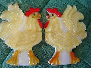 1969 LUCITE PAIR GINGHAM ROOSTERS PLAQUE & SPOON REST  