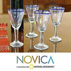 Set of 4 Blown Glass Bubbly Wine Glasses (Guatemala)  