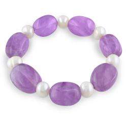   White Pearl and Amethyst Bead Stretch Bracelet  