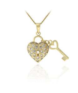   Sterling Silver Cubic Zirconia Heart and Key Necklace  