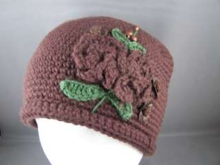 Brown crochet flower knit ski hat cap beanie winter  