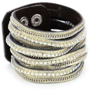   Crystal Rhinestone Silver Chain Blue Shimmer Leather Bracelet: Jewelry