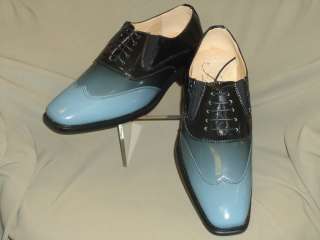 Mens Shiny Blue Black Wingtip Spectator Dress Shoes  