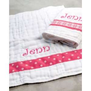   Baby Habit Pink Daisies and Polka Dots Personalized Burp Cloth Set