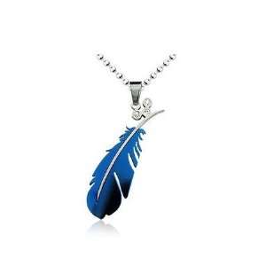   Mens Exquisite Feather Shape Titanium Necklace   Blue 