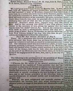 TEXAS War For Independence Sam Houston 1836 Newspaper *  