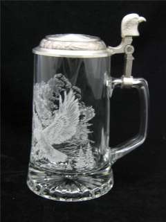 Glass & Pewter Lidded Beer Stein Wildlife Eagle  