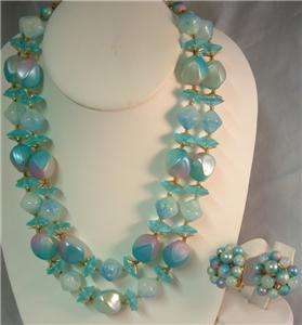 Unique Beads VTG Blue Pink Beaded Tiered 2 Strand Necklace Cluster 