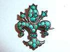   Victorian Persian Turquois Fleur De Lis 800 Silver Brooch Pin   Signed