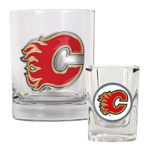  Calgary Flames Rocks Glass & Shot Glass Set   Primary Logo 