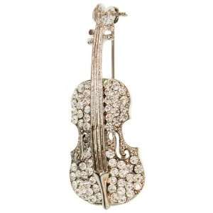    3/4 X 2 Rhinestone Studded Violin Pin In Silver Tone Jewelry