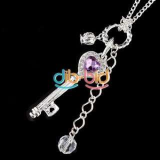   Lady Purple Crystal Bead Heart Love Key Crown Pendant Elegant Necklace