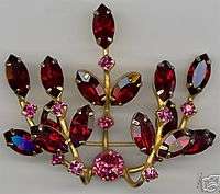 LARGE ANTIQUE WEISS RED & PINK RHINESTONE PIN BROOCH  