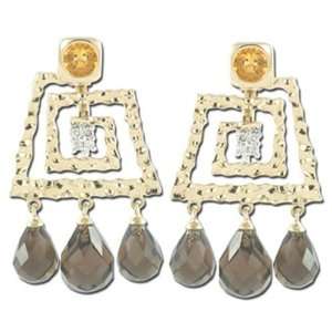    14K Yellow Gold Dangle Smoky Topaz & Diamond Earrings: Jewelry