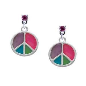   Silver Peace Sign   Hot Pink Swarovski Post Charm Earrings Jewelry