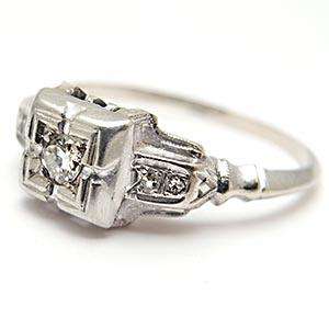 Antique Diamond Engagement Ring Old Mine Cut Solid 14K White Gold