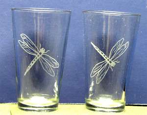 SET OF 2 ETCHED DRAGONFLY PINT GLASSES, NICE   