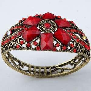 bronze Copper Chunky red cut resin flower bead gemstone cuff bracelet 