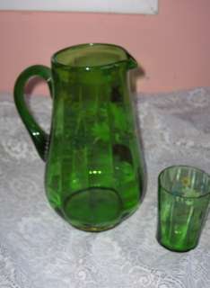 Vintage Green Hand Blown Glass Painted Flowers Pitcher  