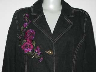 Black Denim Purple Rose Embroidery DENIM AND CO Dressy Jean Jacket M 