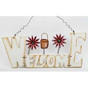  Wood Welcome Sign with Metal Flowers Arts, Crafts 