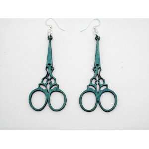  Teal Old Fashioned Scissors Wooden Earrings: GTJ: Jewelry