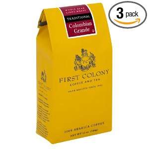 First Colony Colombian Grande Light Roast, Whole Bean Collection, 12 