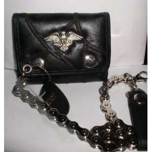   GENUINE LEATHER TRI FOLD WALLET WITH EAGLE AND CHAIN 