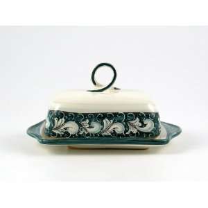 Hand Painted Italian Ceramic Butter Dish with Lid Rinascimento Verde e 