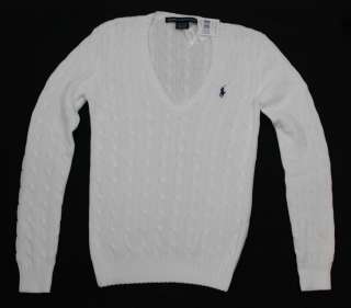 RALPH LAUREN Polo V NECK CABLE SWEATER SOLID PURE WHITE for Women New 